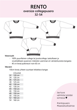 Lataa kuva Galleria-katseluun, KAAVASTUDIO AINOA: RENTO aikuisten oversize-college, koot 32-54