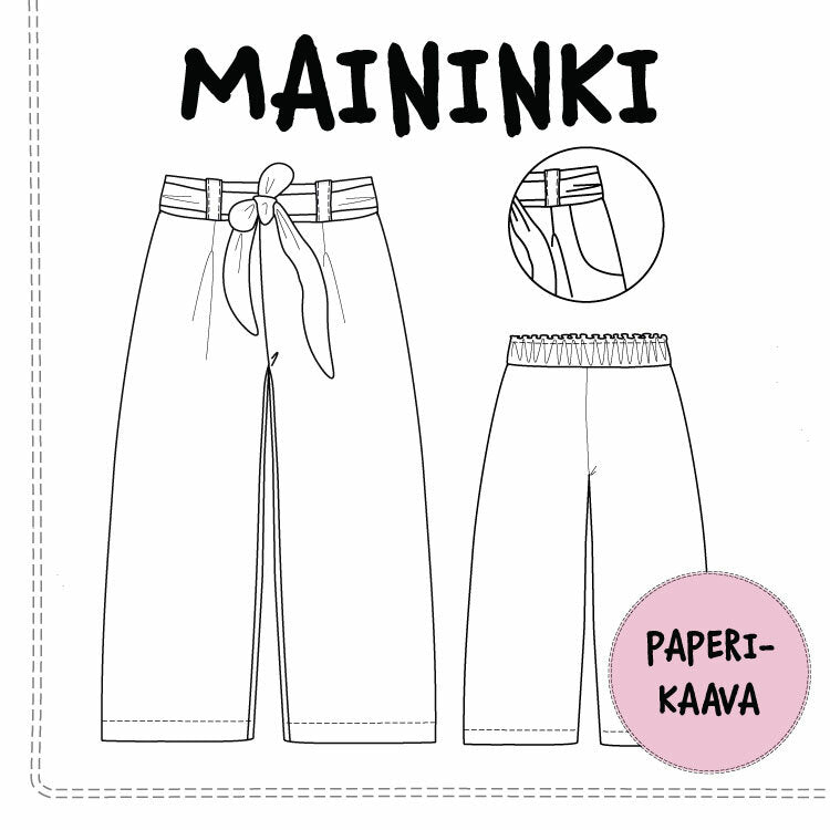 KAAVASTUDIO AINOA: LASTEN MAININKI-HOUSUT, koot 104-140 – Lumokankaat