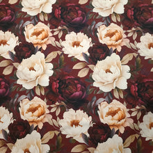 Lataa kuva Galleria-katseluun, TRIKOO DREAMY PEONIES, BURGUNDY, pienempi kuosikoko

